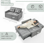 52" Sleeper Sofa with Pull-Out Bed, 3-in-1 Convertible Sofa Bed, Set of Loveseat with Stepless Adjustable Backrest and Side Pocket, for Living Room Dorm Apartment, Linen, Light Gray