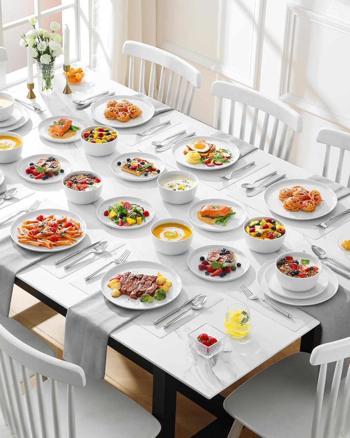 MALACASA 24 Pieces Gourmet Porcelain Dinnerware Sets, Premium Plates and Bowls Set, High-Fired Ceramic Dishes Set for 8, Chip & Scratch Resistant, Microwave Dishwasher Safe, White, Series LEXI