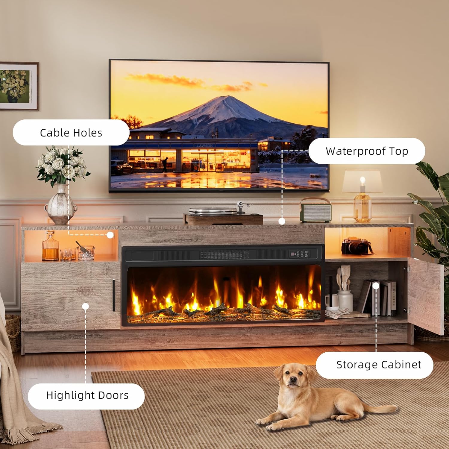 Fireplace TV Stand with 36" Fireplace Up to 80" TV, 70" Entertainment Center with LED Lights, Remote Control, TV Media Console with Storage Cabinets for Living Room, Grey