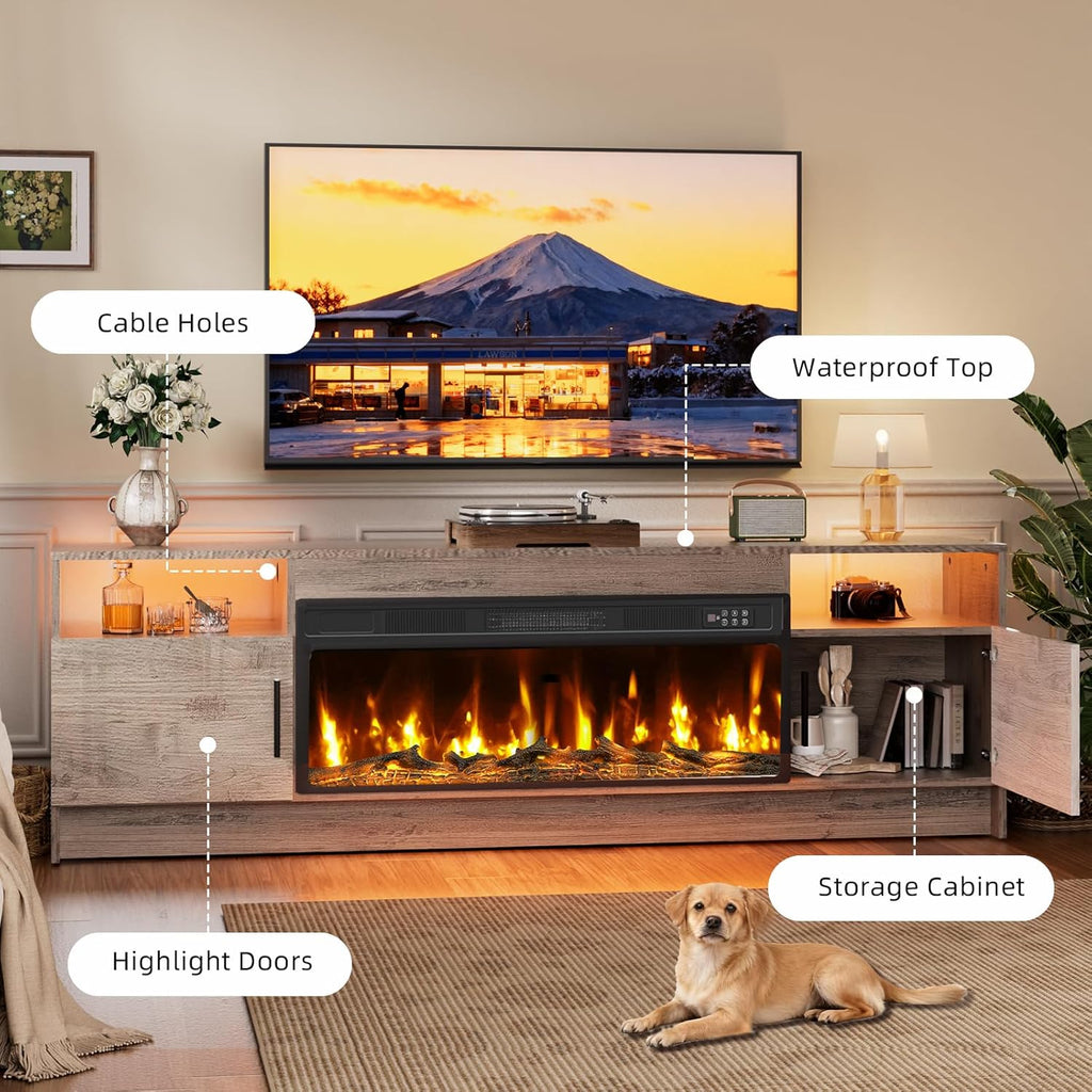 Fireplace TV Stand with 36" Fireplace Up to 80" TV, 70" Entertainment Center with LED Lights, Remote Control, TV Media Console with Storage Cabinets for Living Room, Grey
