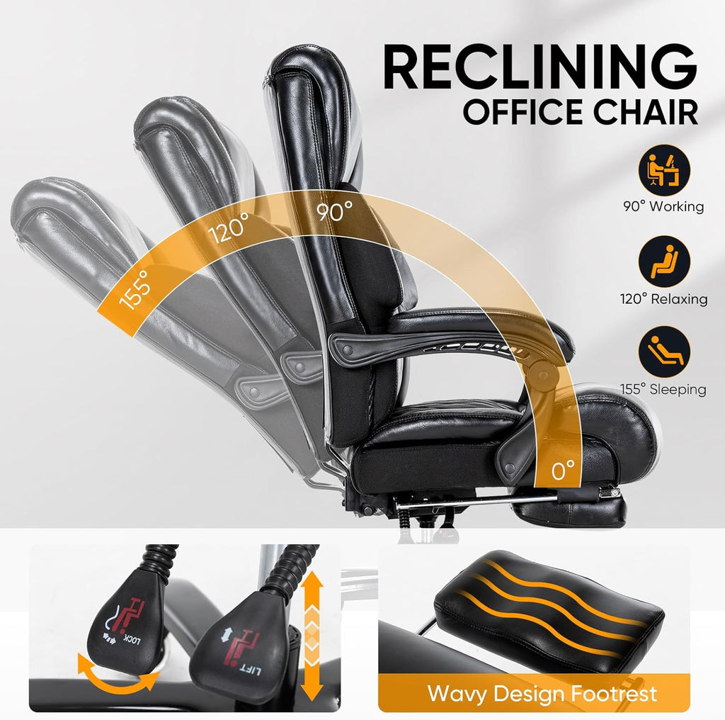 Executive Office Chair with Foot Rest Big and Tall Office Chair for Heavy People Ergonomic High Back Recline Chair Large Computer Desk Chair Black