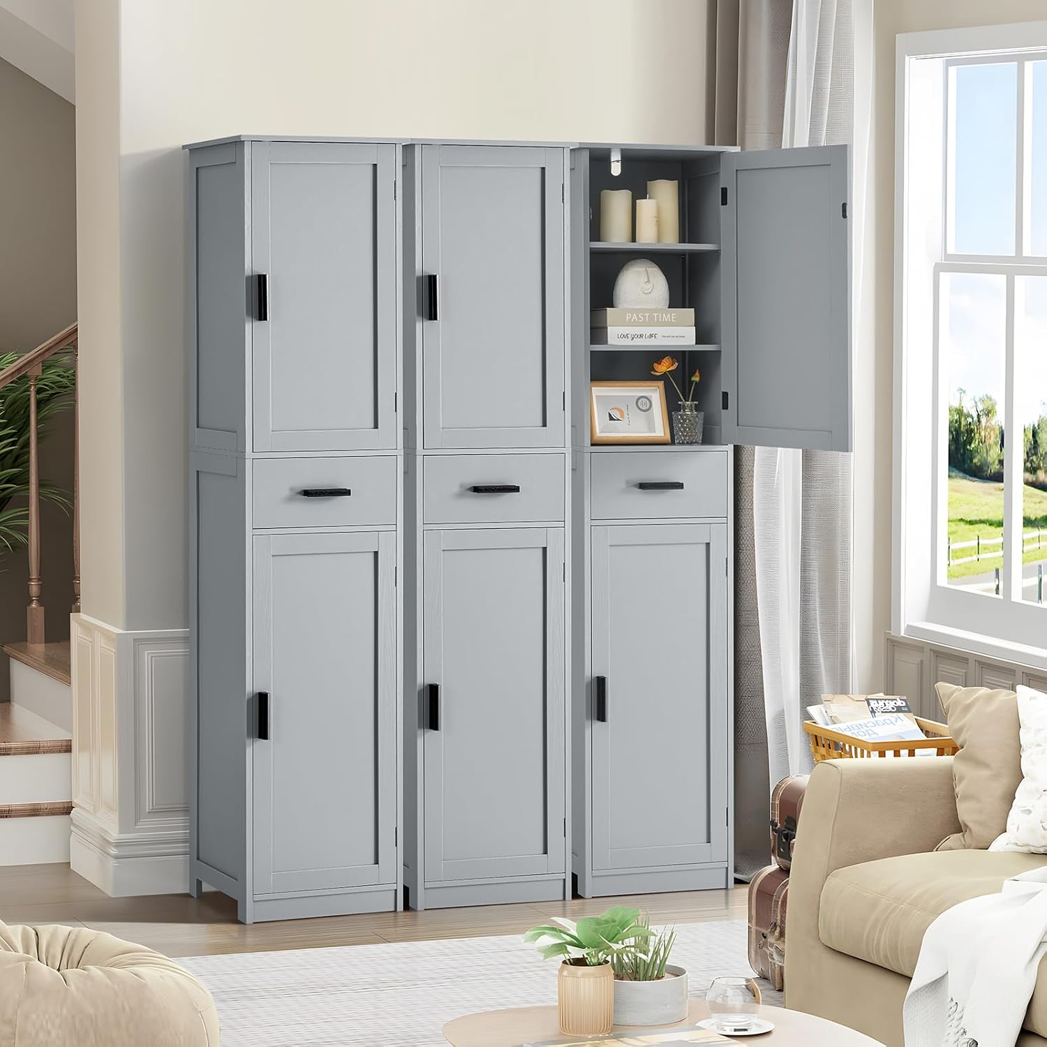 usikey 67“ Tall Bathroom Cabinet, Storage Cabinet with 4 Shelves & 2 Doors, Narrow Storage Cabinet for Bathroom, Living Room, Home Office, Greige UNSNG040G