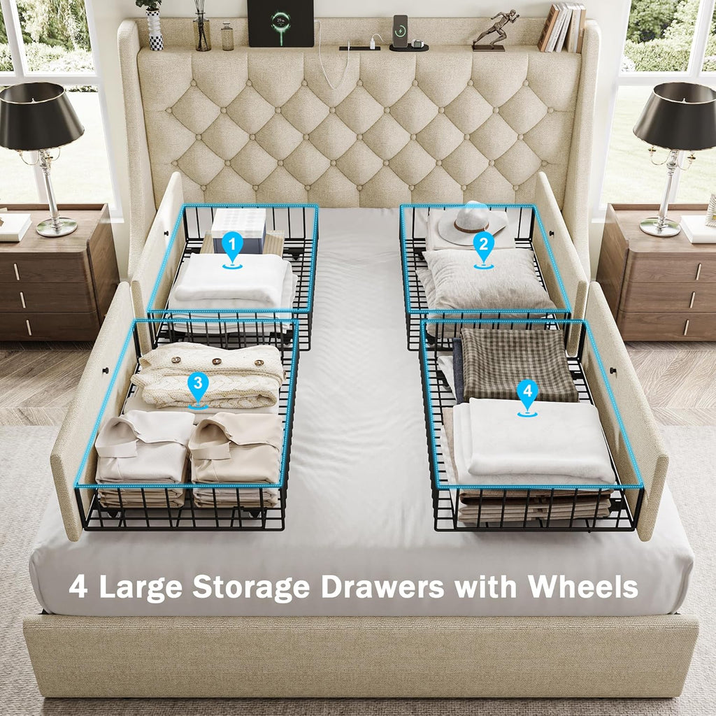 Queen Bed Frame with 4 Storage Drawers, Huge Upholstered Wingback Headboard, Fast Charging Station, No Box Spring Needed, Noise-Free, Beige