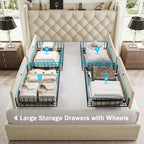 Queen Bed Frame with 4 Storage Drawers, Huge Upholstered Wingback Headboard, Fast Charging Station, No Box Spring Needed, Noise-Free, Beige