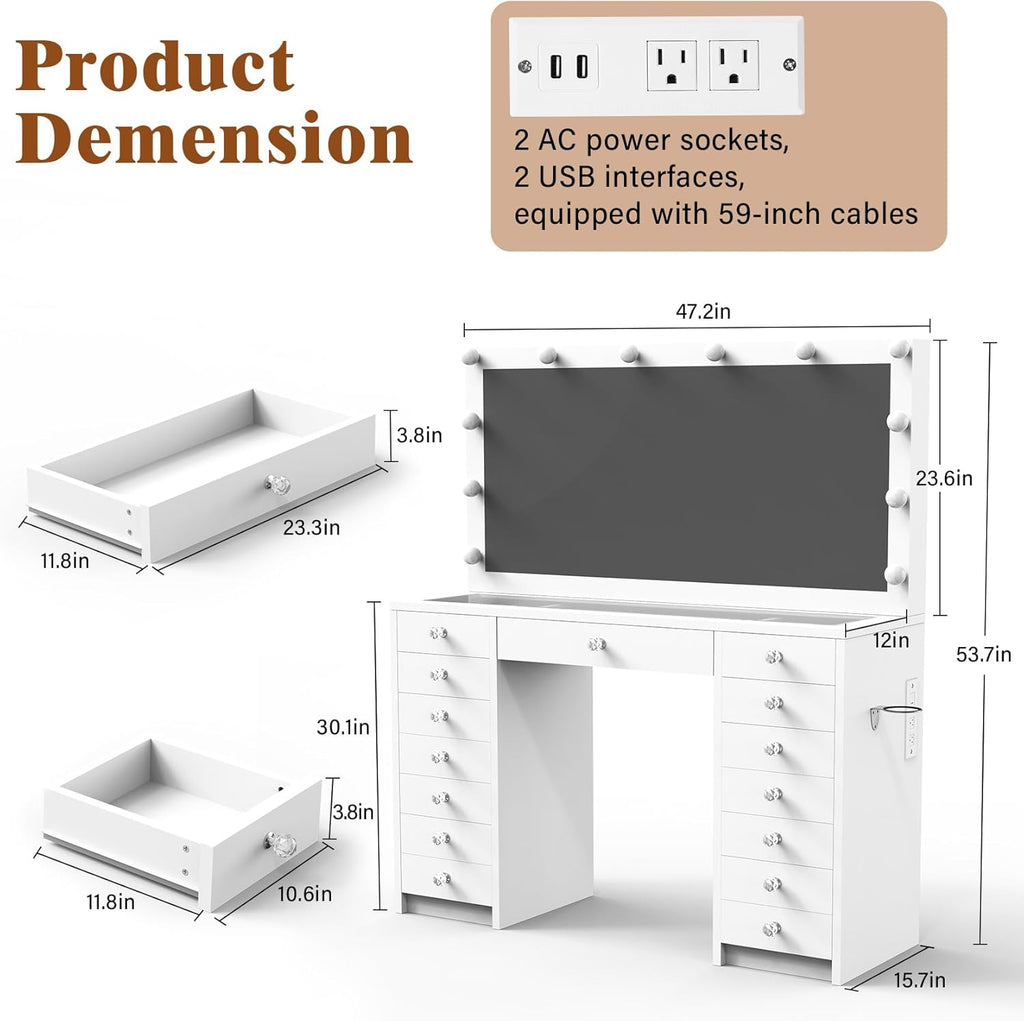 15 Drawers Vanity Desk, Large Makeup Vanity with Power Outlet, Vanity Table with Mirror and Light, 3 Color Lighting Modes, Tempered Glass Top, Dressing Table for Bedroom (White)