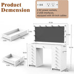 15 Drawers Vanity Desk, Large Makeup Vanity with Power Outlet, Vanity Table with Mirror and Light, 3 Color Lighting Modes, Tempered Glass Top, Dressing Table for Bedroom (White)