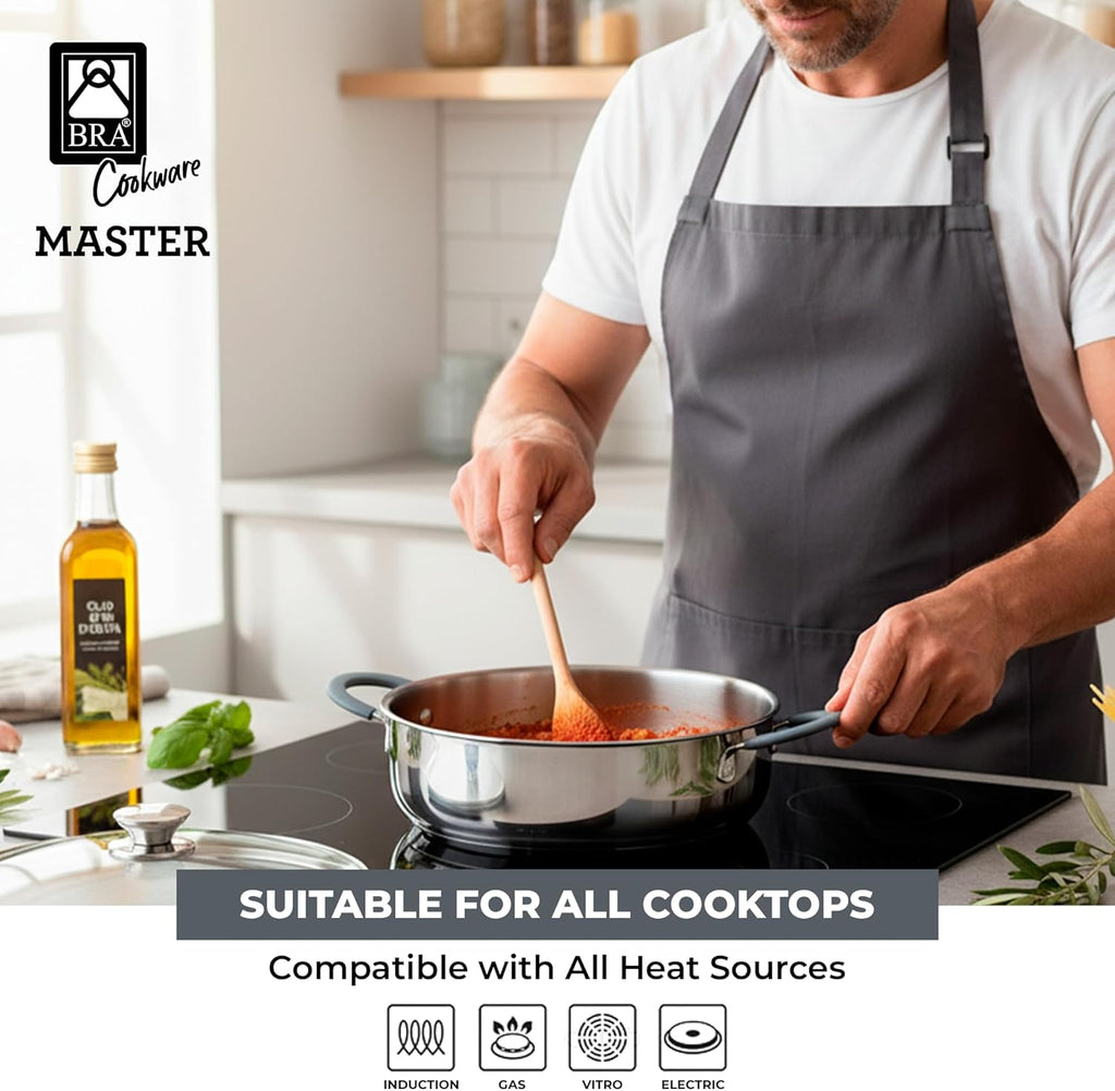 BRA COOKWARE Master 9-Piece Stainless Steel Cookware Set | Professional Pots & Pans Set w/ 2 Pots, 1 Sauté Pan, 3 Frying Pans, 3 Lids | All Stovetops | PFAS Free | Silicone Coated Handles