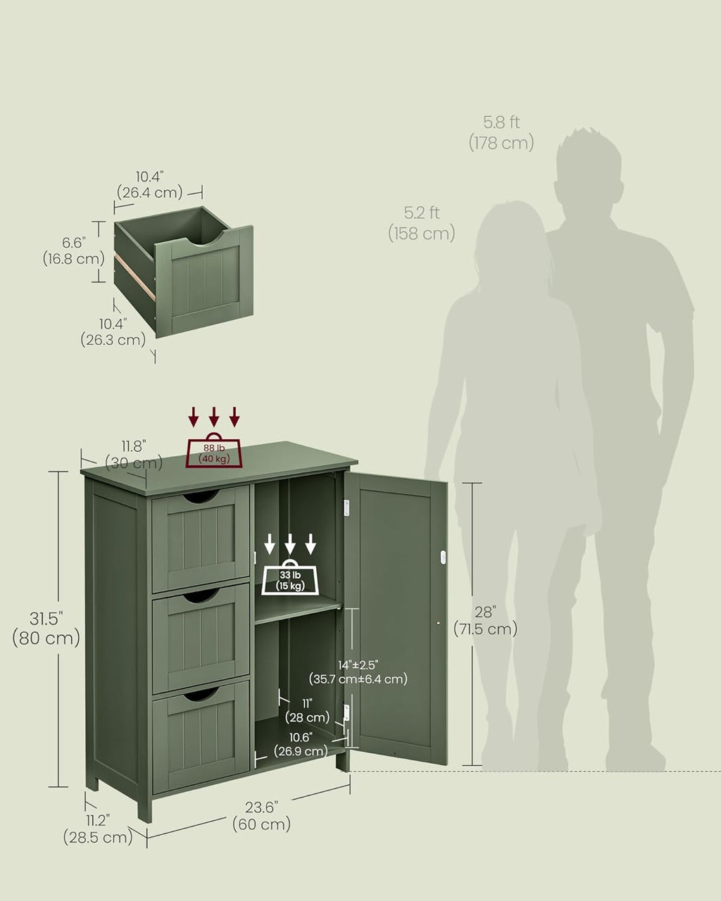VASAGLE Floor Storage Cabinet, Freestanding Storage Unit with 3 Drawers, 1 Adjustable Shelf, for Bathroom Living Room Dining Kitchen, 11.8 x 23.6 x 31.5 Inches, Forest Green UBBC049C01