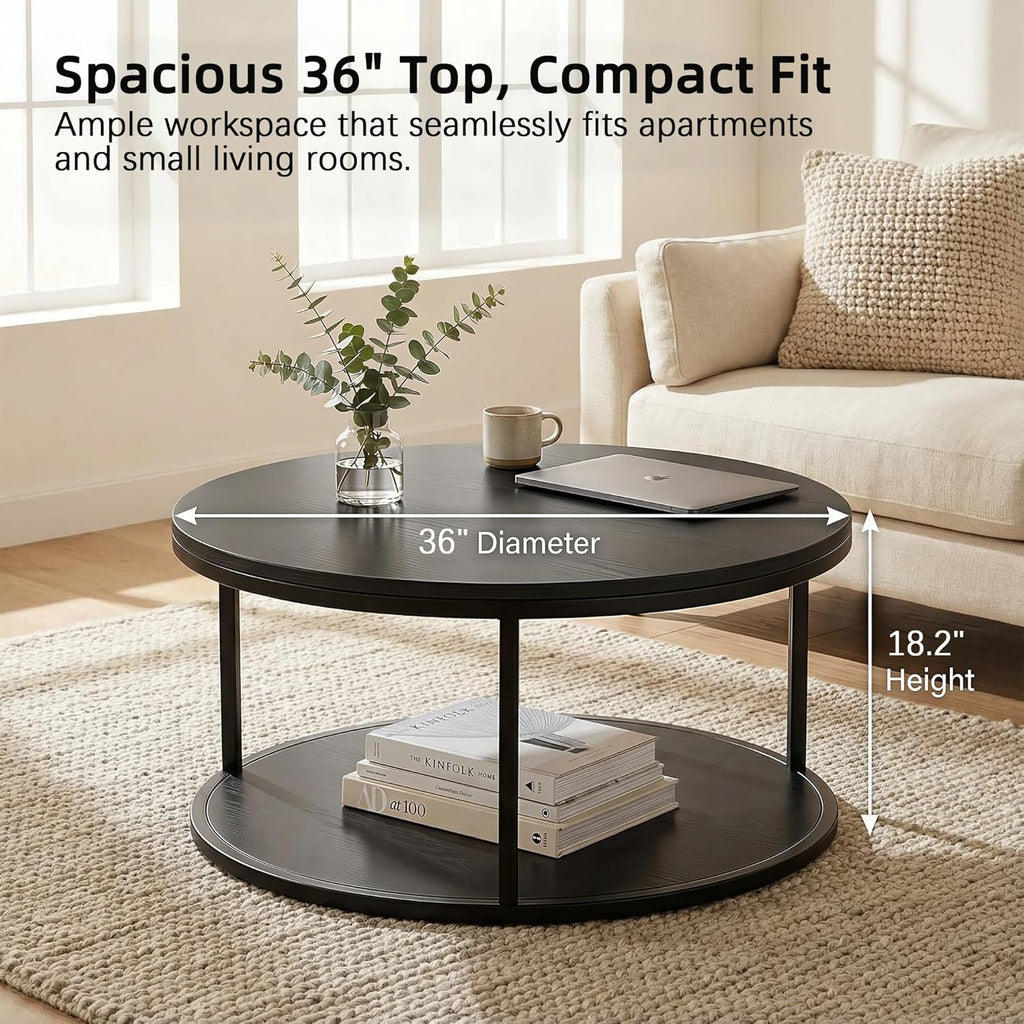 YESHOMY 36" Round Coffee Table, 2-Tier Wood Center Table with Storage Shelf, Heavy-Duty Metal Frame, Easy Assembly, Ideal for Living Room & Small Spaces, Black