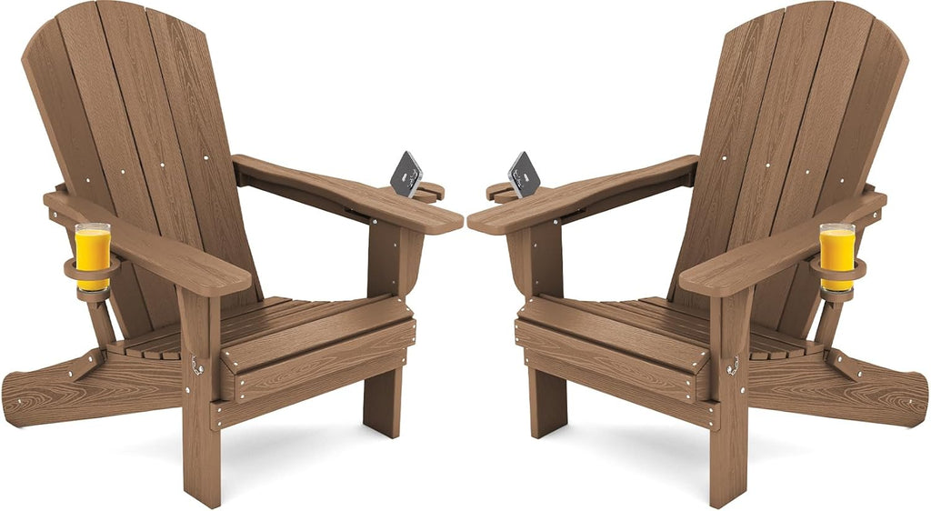SERWALL Adirondack Chair with Cup Holders - Composite Adirondack Chairs Set of 2 HDPE Outdoor Chairs All Weather Use- Brown
