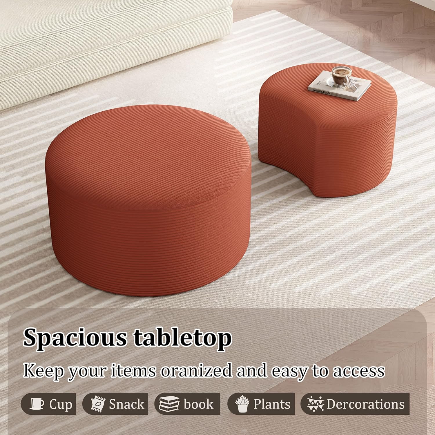 BSHOMGI Nesting Coffee Table Set of 2, Upholstered Round Corduroy Circle Foam Round Side Table for Living Room, Entryway Set, 32"+17" Footrest No Assembly (Orange, 32"+17")