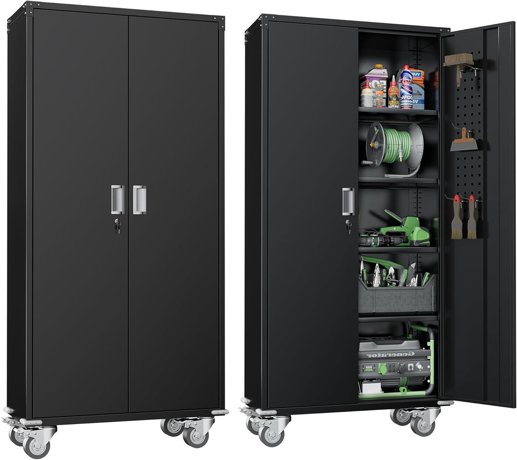 Greenvelly Metal Storage Cabinet with Wheels,72" Black Garage Storage Cabinet with Pegboards and Wheels, Rolling Tool Cabinet with Locking Doors and Shelves for Home,Basement, Kitchen