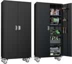 Greenvelly Metal Storage Cabinet with Wheels,72" Black Garage Storage Cabinet with Pegboards and Wheels, Rolling Tool Cabinet with Locking Doors and Shelves for Home,Basement, Kitchen