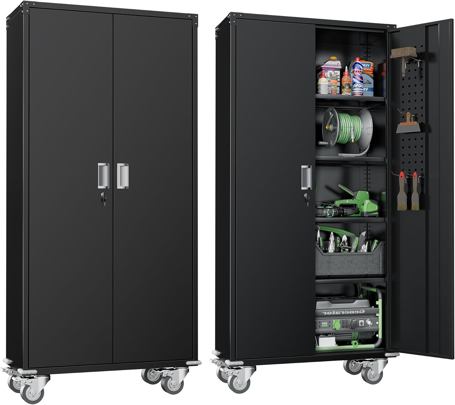 Greenvelly Metal Storage Cabinet with Wheels,72" Black Garage Storage Cabinet with Pegboards and Wheels, Rolling Tool Cabinet with Locking Doors and Shelves for Home,Basement, Kitchen