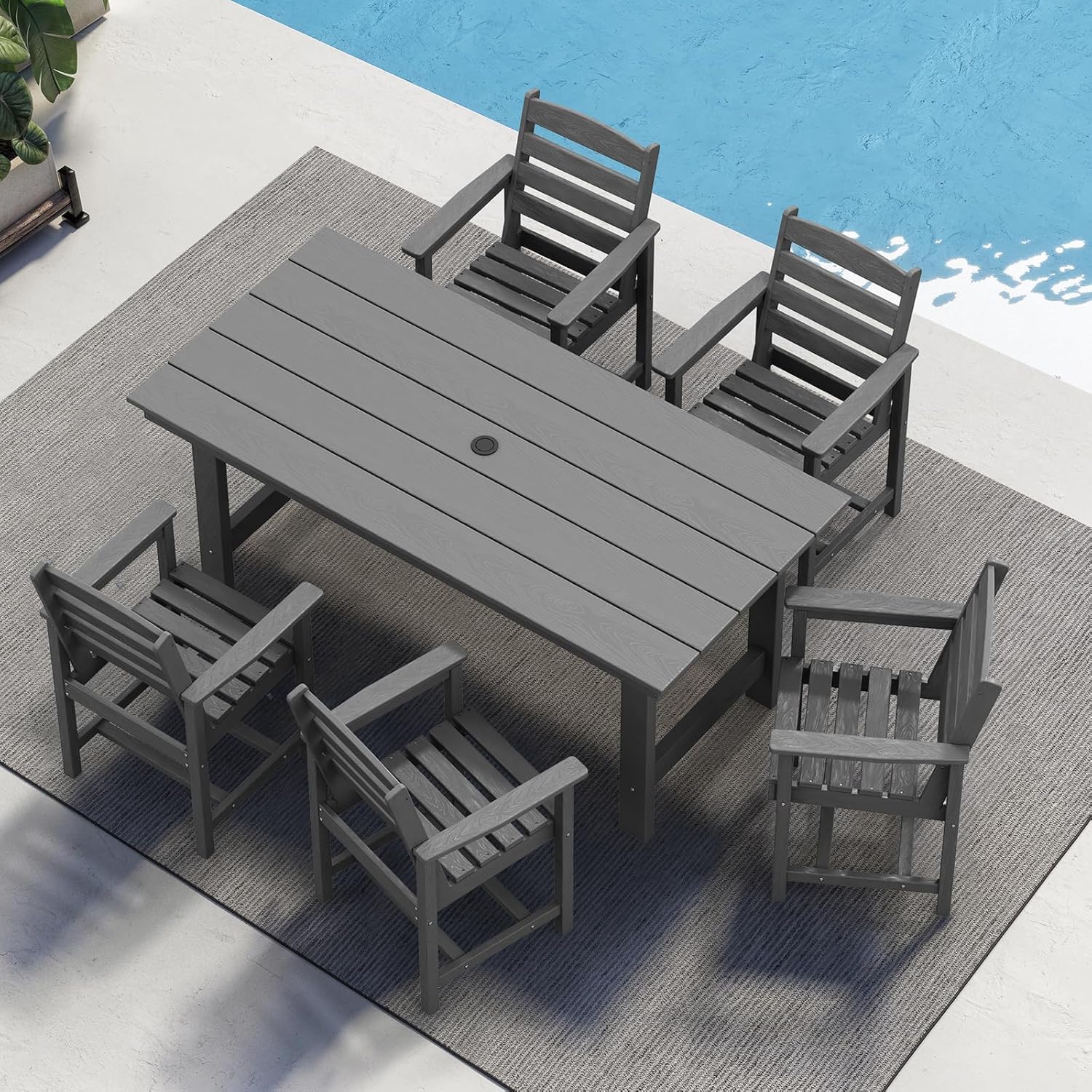 SERWALL Outdoor HDPE Dining Table Set  7-Piece Outdoor Dining Table Sets with Umbrella Hole Cut-Out Table and 6 Chairs  Gray