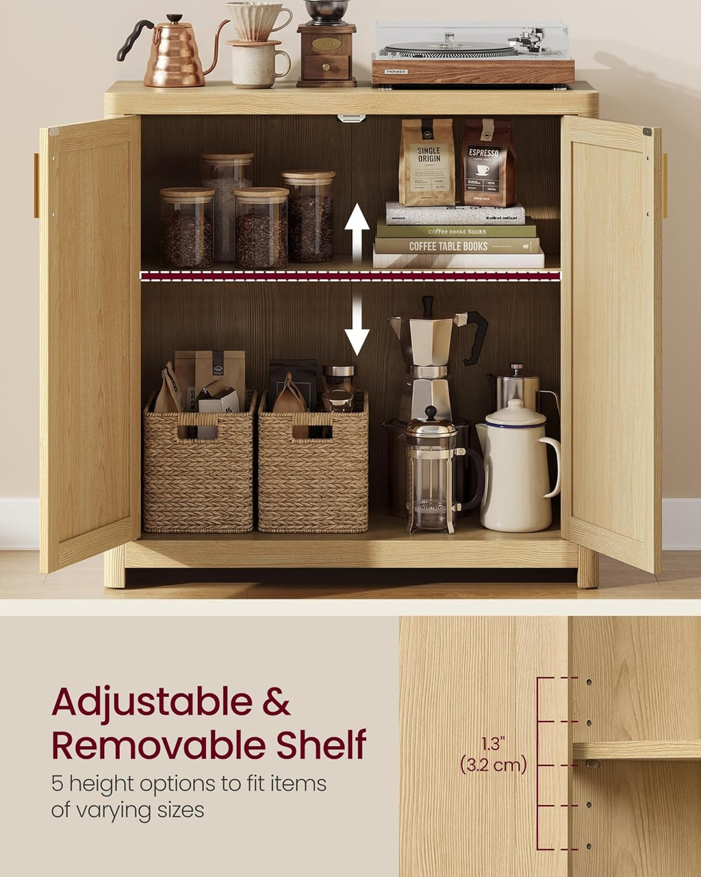 VASAGLE ELLAN Collection - Boho Buffet Cabinet with Rattan-Look Doors, Sideboard Storage Cabinet, Rounded Corners, Adjustable Shelf, for Kitchen, Oak Beige UBBK345YC01