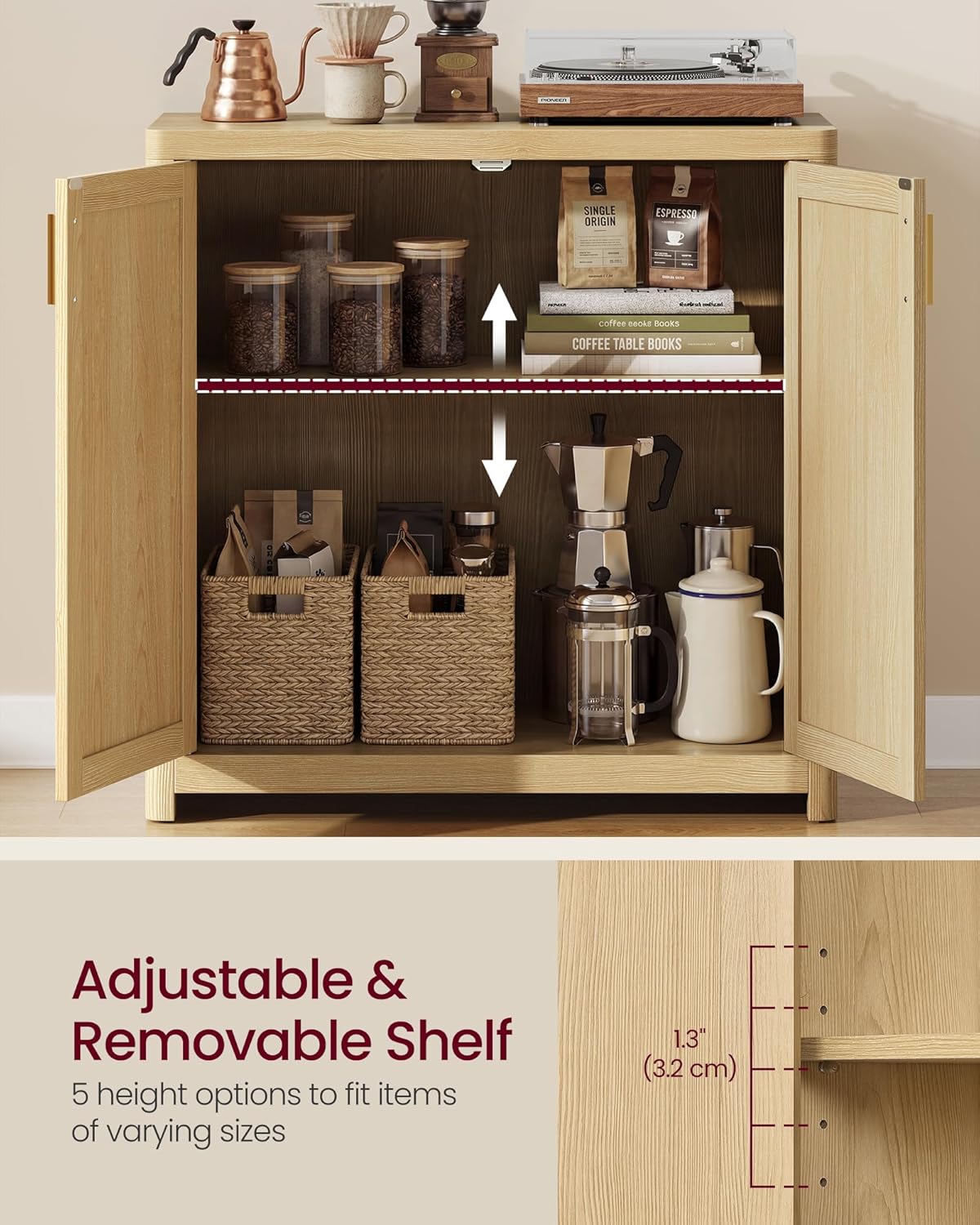 VASAGLE ELLAN Collection - Boho Buffet Cabinet with Rattan-Look Doors, Sideboard Storage Cabinet, Rounded Corners, Adjustable Shelf, for Kitchen, Oak Beige UBBK345YC01