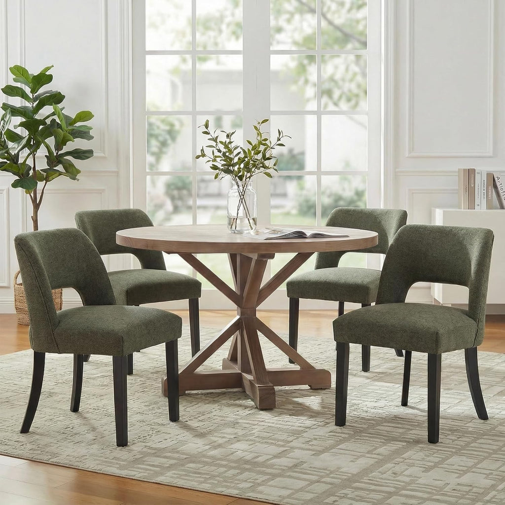 keoni Wooden Dining Chairs Set of 4, Mid Century Modern Upholstered Dining Room Chairs with Black Wood Legs, Fabric Farmhouse Kitchen Chairs with Foot Pegs for Dining Room, Green