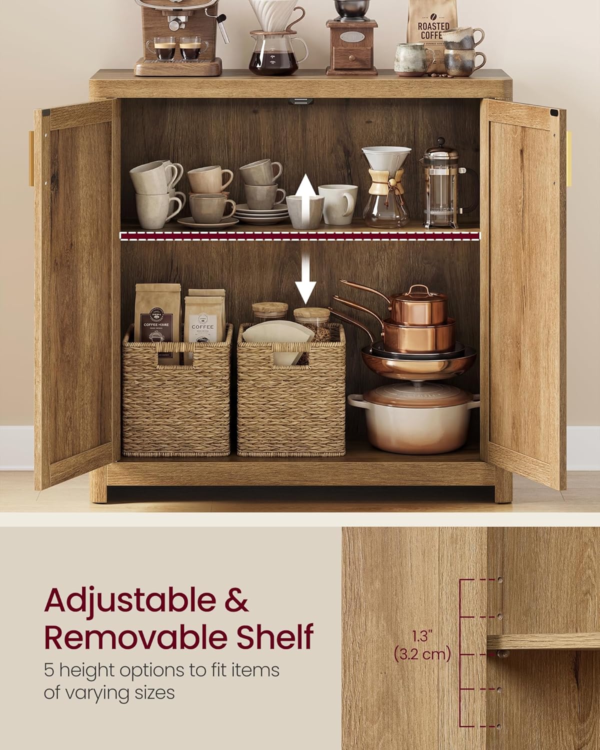 VASAGLE ELLAN Collection - Boho Buffet Cabinet with Rattan-Look Doors, Sideboard Storage Cabinet, Rounded Corners, Adjustable Shelf, for Kitchen, Natural Brown UBBK345KC01
