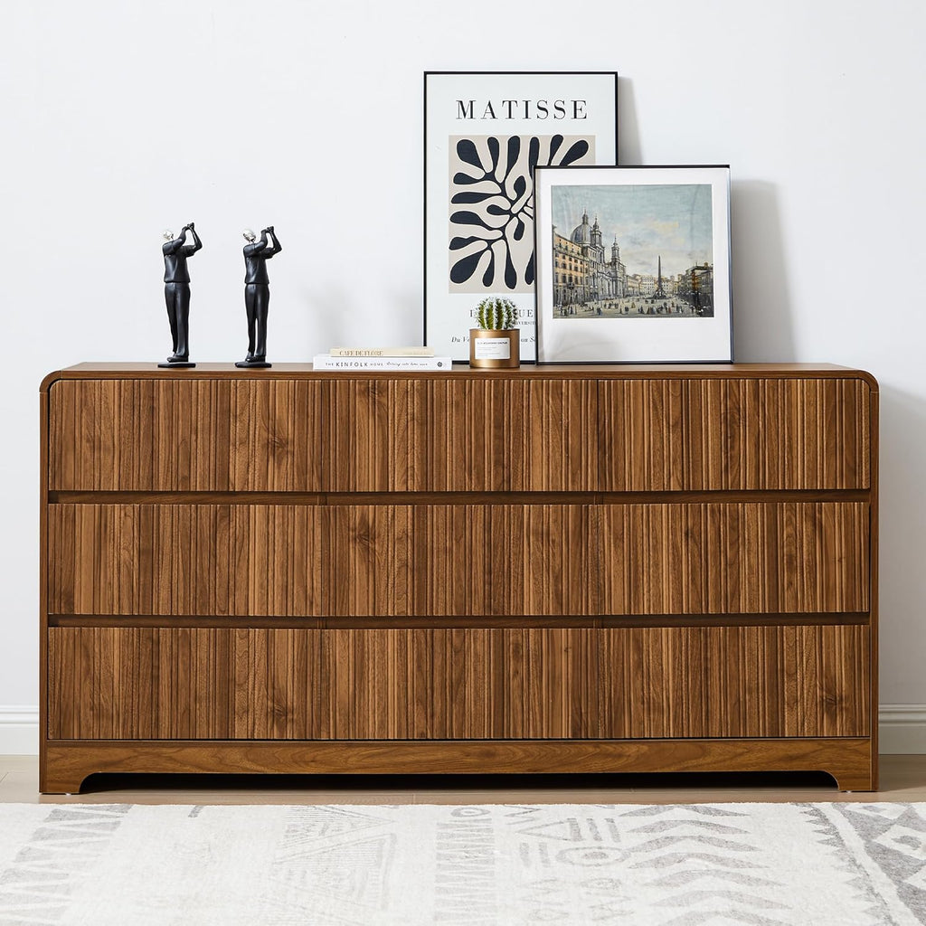 MERRYBERRY Fluted Dresser for Bedroom with 9 Drawers,63" Wide Modern Chest of Drawers with Curved Profile & Deep Drawer,Large Wood TV Dresser for Bedroom Living Room