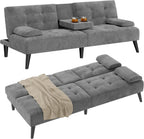 Shintenchi Futon Sofa Bed, Velvet Foldable Couch, Reclining Sleeper with Removable Armrests, Upholstered Loveseat Sofa Couch with Folding Cup Holders for Home, Office, Dark Grey