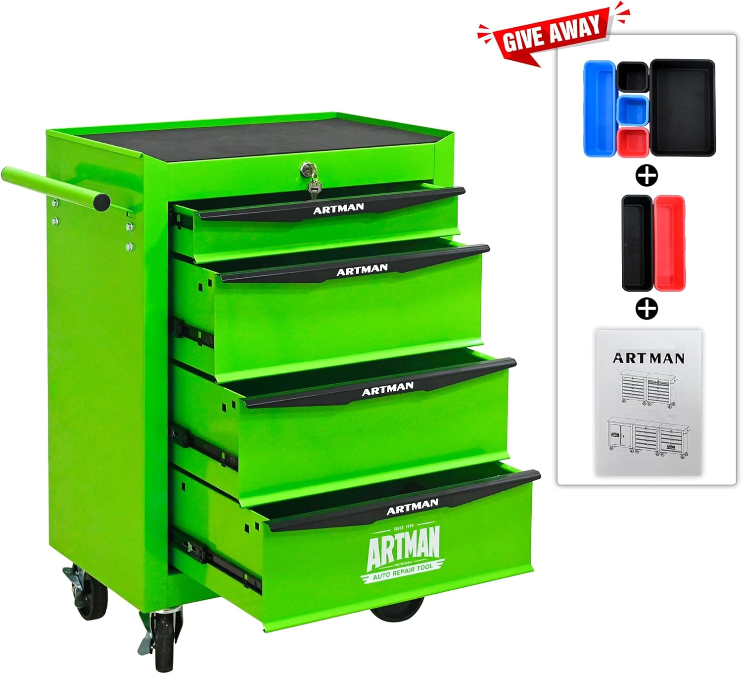 Iron-Top Rolling Tool Chest with Lockable Wheels and Side Handles, 7-Drawer Tool Storage Cabinet with Ball Bearing for Garage, Repair Shop, Required Assembly, Large Storage Capacity (Iron, 4-Green)