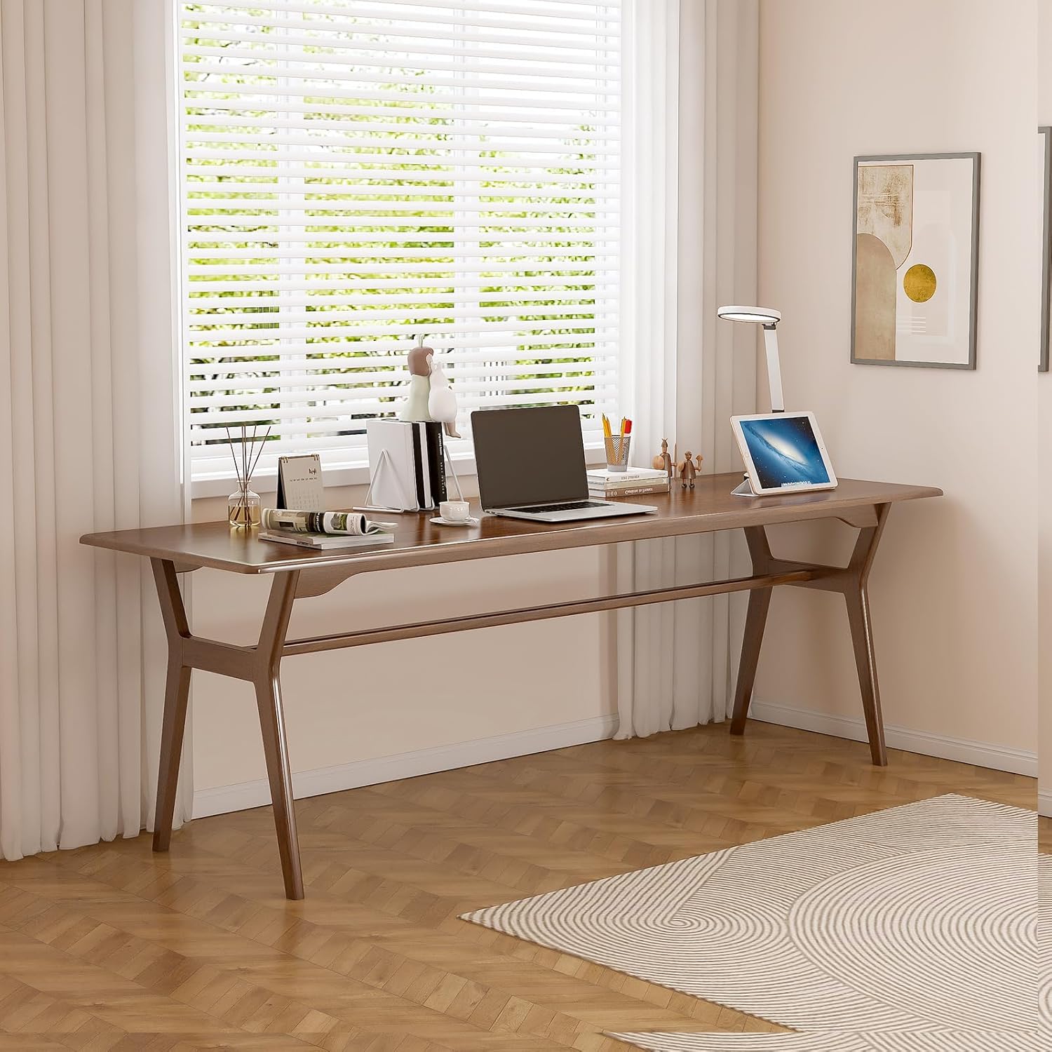 Solid Wood Study Desk - 78.8" Double Long Computer Table for Home Office, 2-Person PC Workstation, Walnut