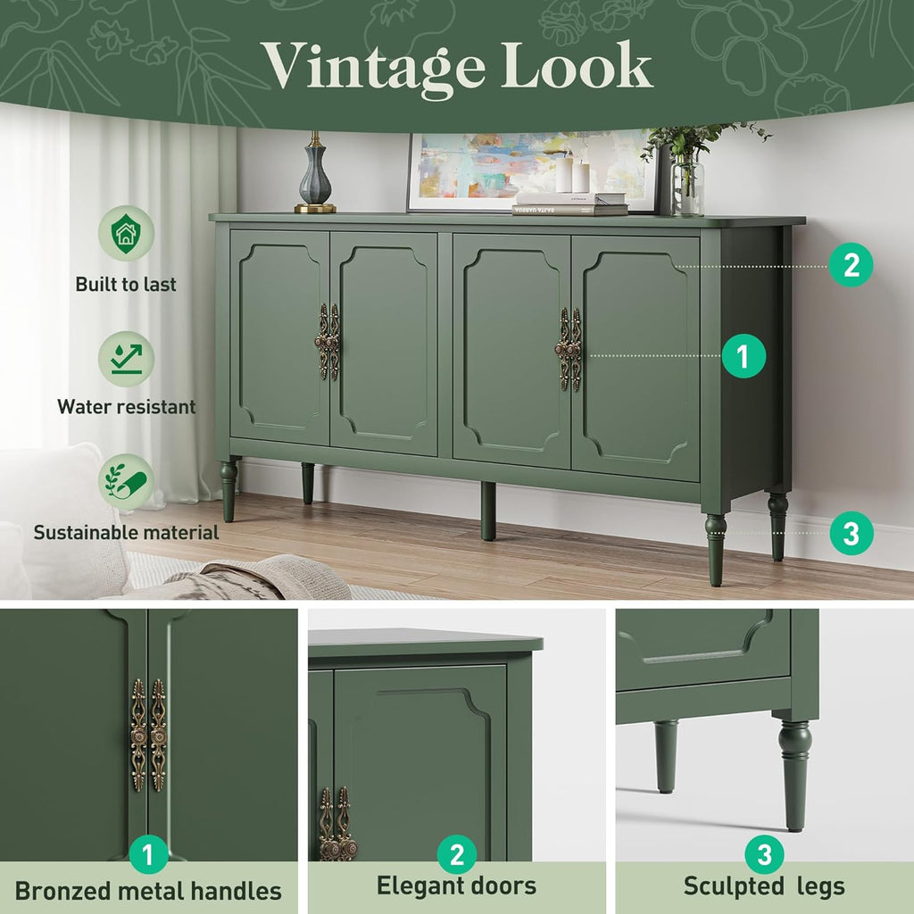 Large Sideboard Buffet Cabinet with Storage: 58'' Modern Credenza Buffet Table Coffee Bar Wine Bar Storage Sideboard with 4 Doors for Dining Room Living Room (Forest Green)