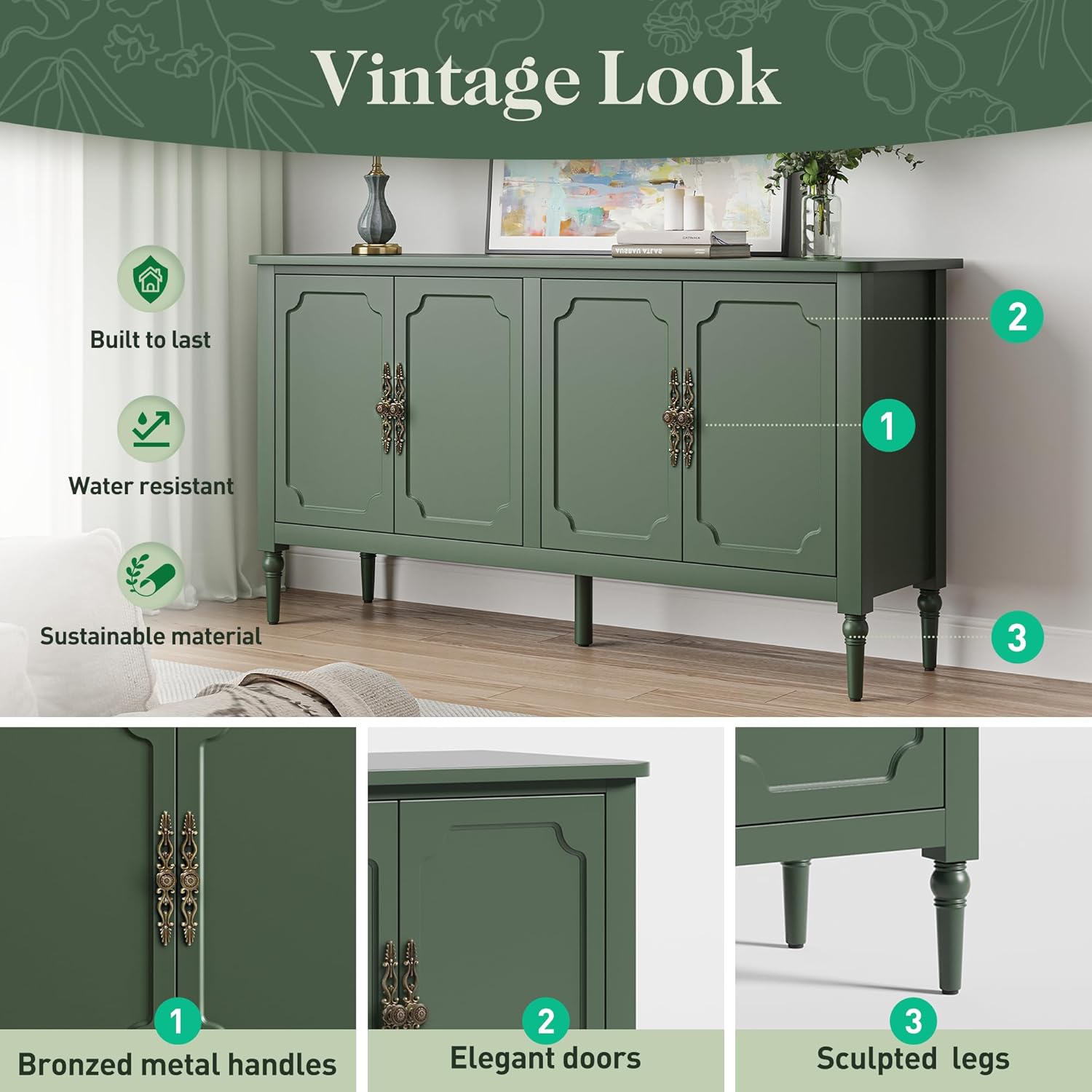 Large Sideboard Buffet Cabinet with Storage: 58'' Modern Credenza Buffet Table Coffee Bar Wine Bar Storage Sideboard with 4 Doors for Dining Room Living Room (Forest Green)
