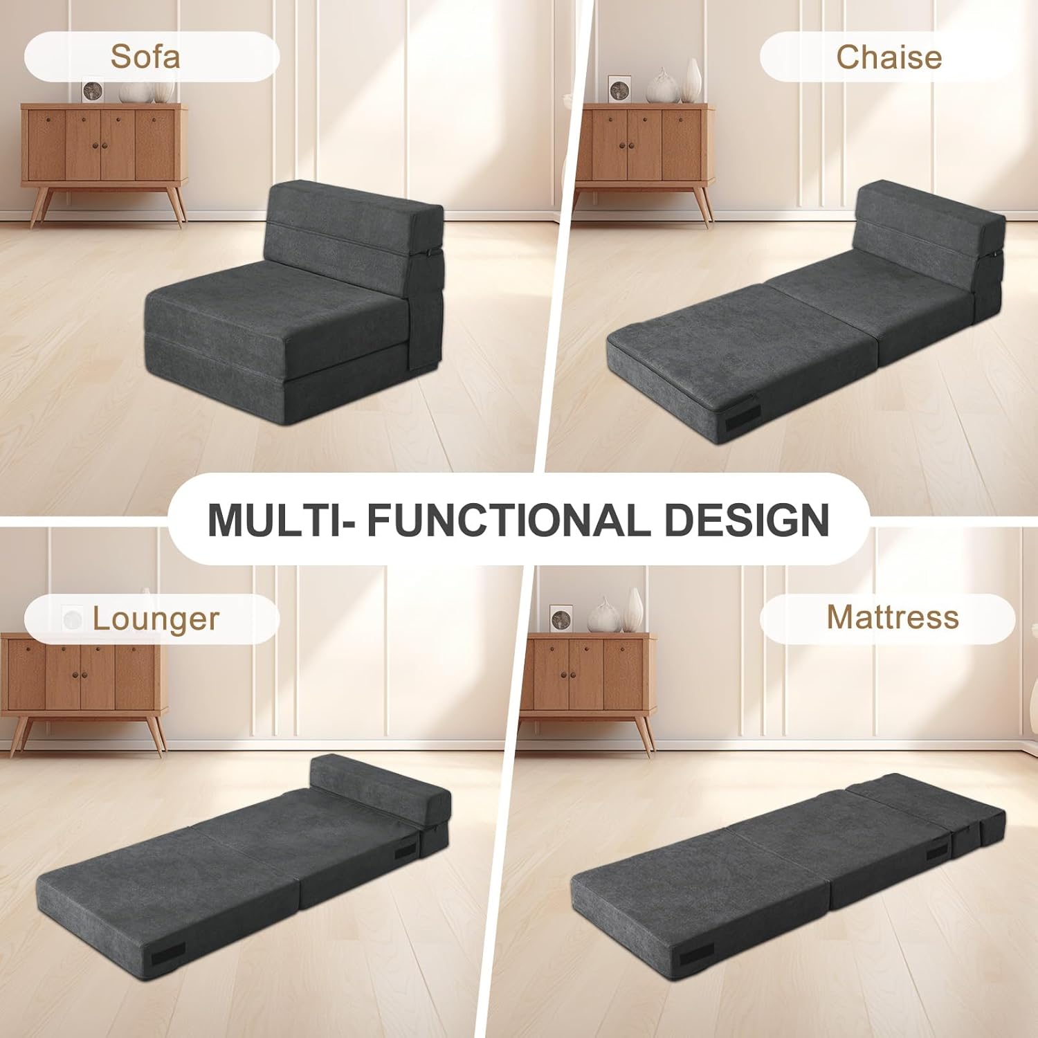 Nigoone Folding Sofa Bed Single Size with Pillow Memory Foam Convertible Sleeper Chair Floor Couch Futon Lazy for Living Room Home Office Guest Beds Apartment Upstairs Loft, Dark Gray