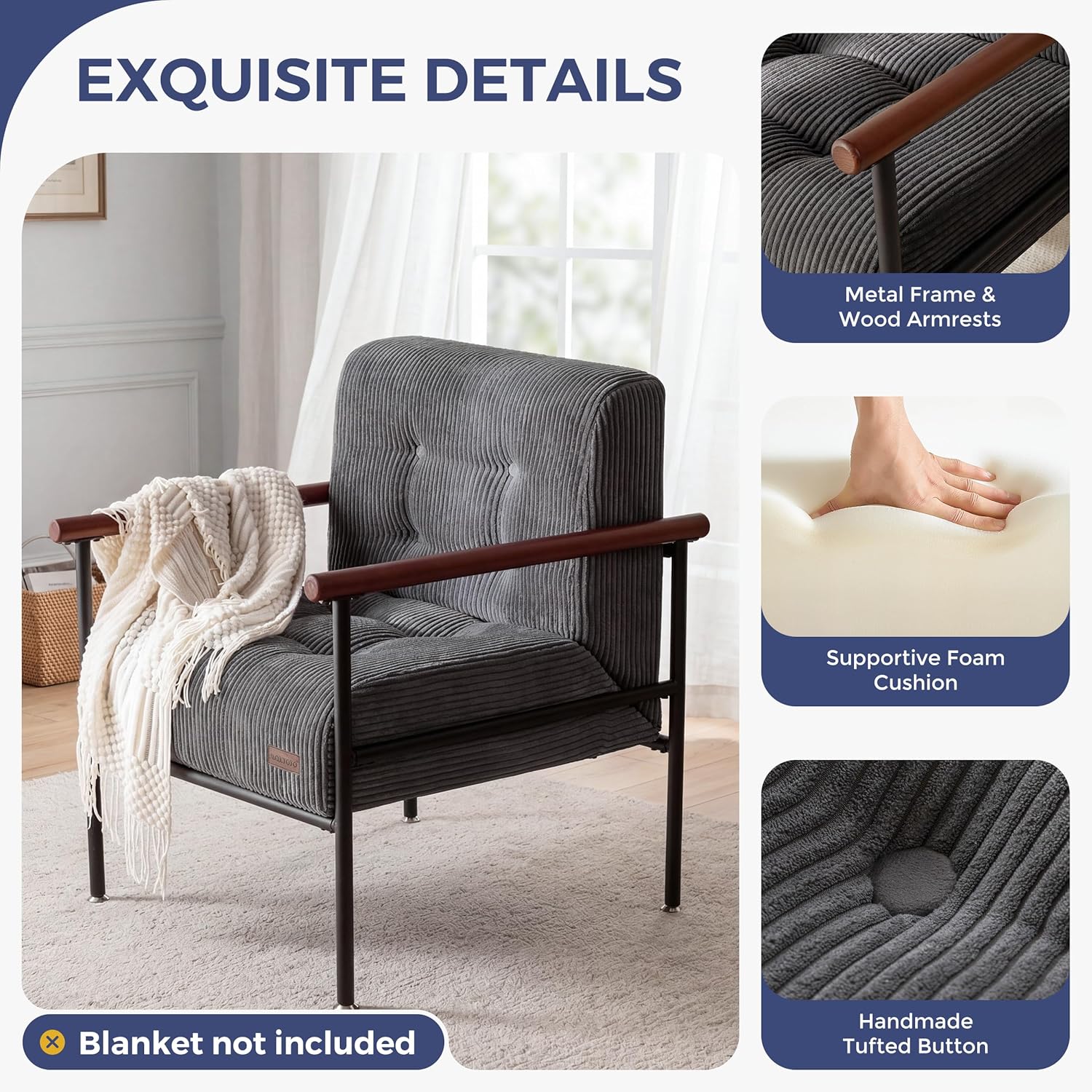 MAXYOYO Living Room Accent Chair, Modern Chair with Sturdy Metal Frame & Wood Armrests, Upholstered Reading Chair with Upholstered Cushion for Bedroom Balcony Porch, Dark Grey