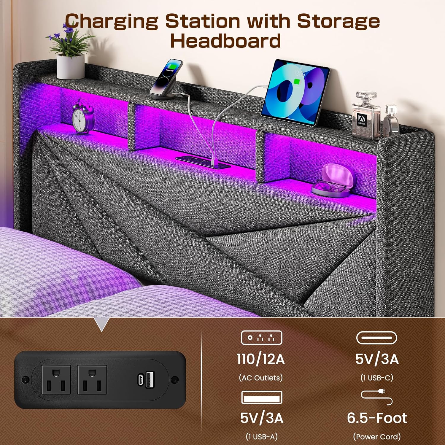 Queen Bed Frame with 4 Storage Drawers, Upholstered Bed Frame Queen Size with LED Lights Headboard and Charging Station, No Box Spring Needed, Easy Assembly - Dark Grey