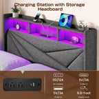 Queen Bed Frame with 4 Storage Drawers, Upholstered Bed Frame Queen Size with LED Lights Headboard and Charging Station, No Box Spring Needed, Easy Assembly - Dark Grey