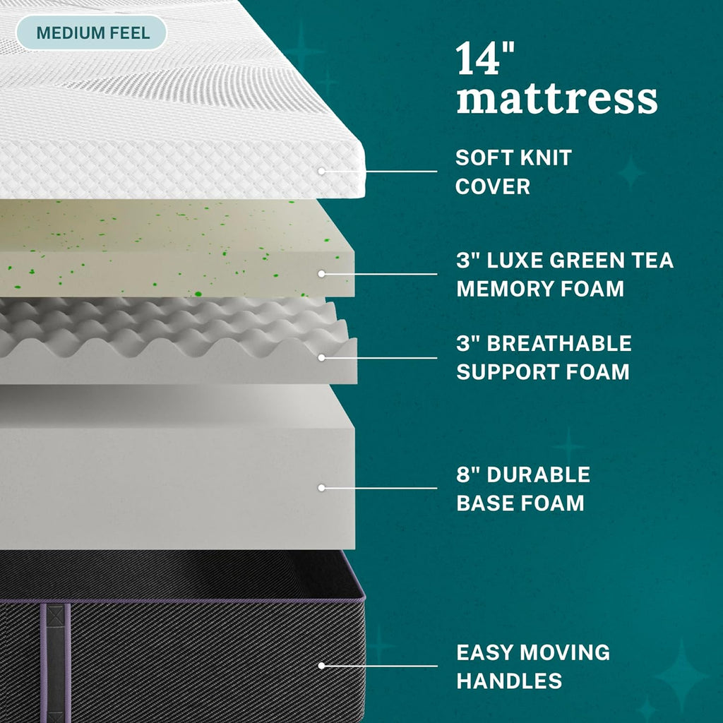 Sleep Innovations Shiloh 14 Inch Green Tea Memory Foam Mattress, King Size, Bed in a Box, Medium Feel