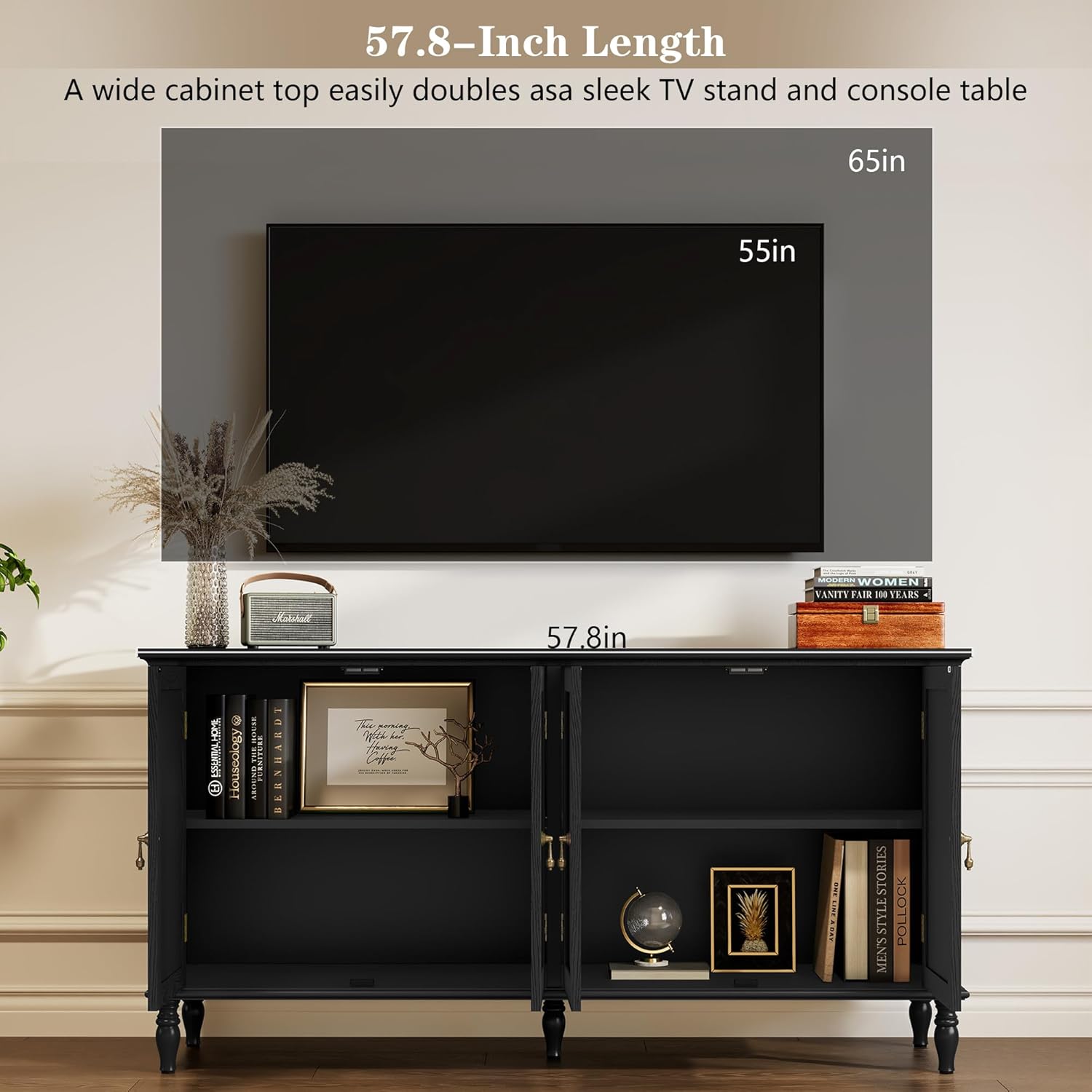 ARTPOWER 58" Sideboard Buffet Cabinet with Storage, Retro Wood Accent Cabinet with 4 Doors, Credenza with Adjustable Shelves for Living Room, Dining Room, Entryway, Black
