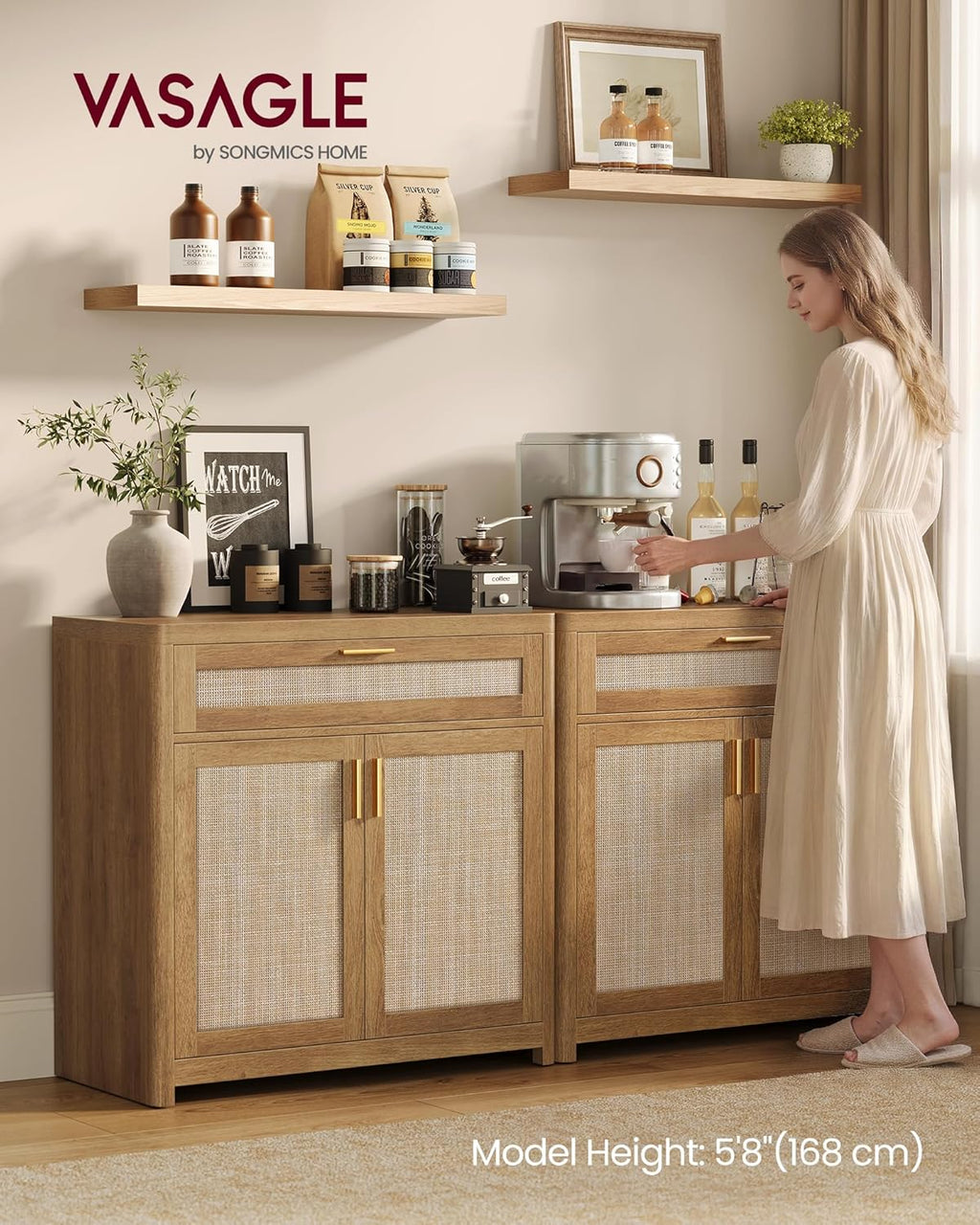 VASAGLE ELLAN Collection - Boho Buffet Cabinet with Rattan-Look Doors, Sideboard Storage Cabinet, Rounded Corners, Adjustable Shelf, Drawer, for Kitchen, Natural Brown UBBK601KC01