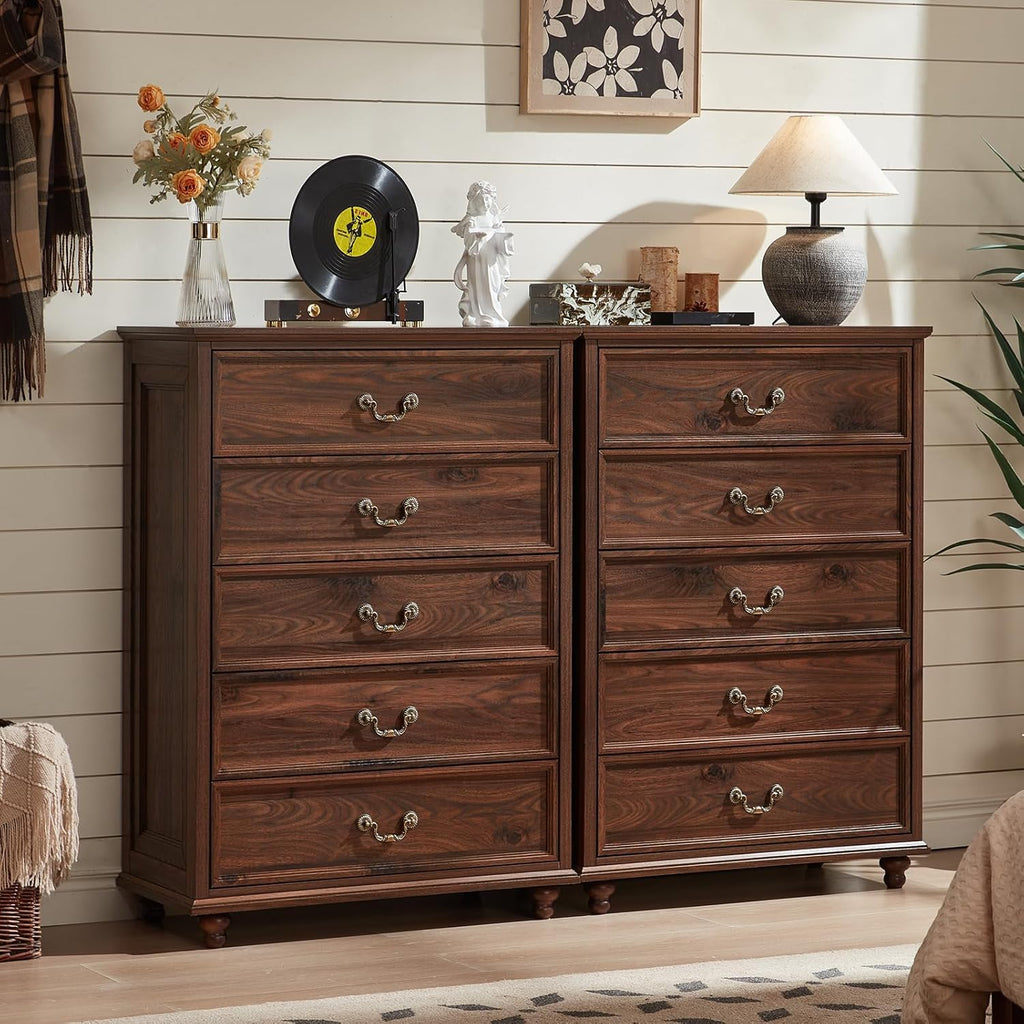 Farmhouse 5 Drawer Dresser for Bedroom, 45" Tall Rustic Chests of Drawers w/ 4 Solid Wood Feet, Mid Century Modern Wooden Closet Storage Dressers Organizer for Living Room, Hallway, Brown