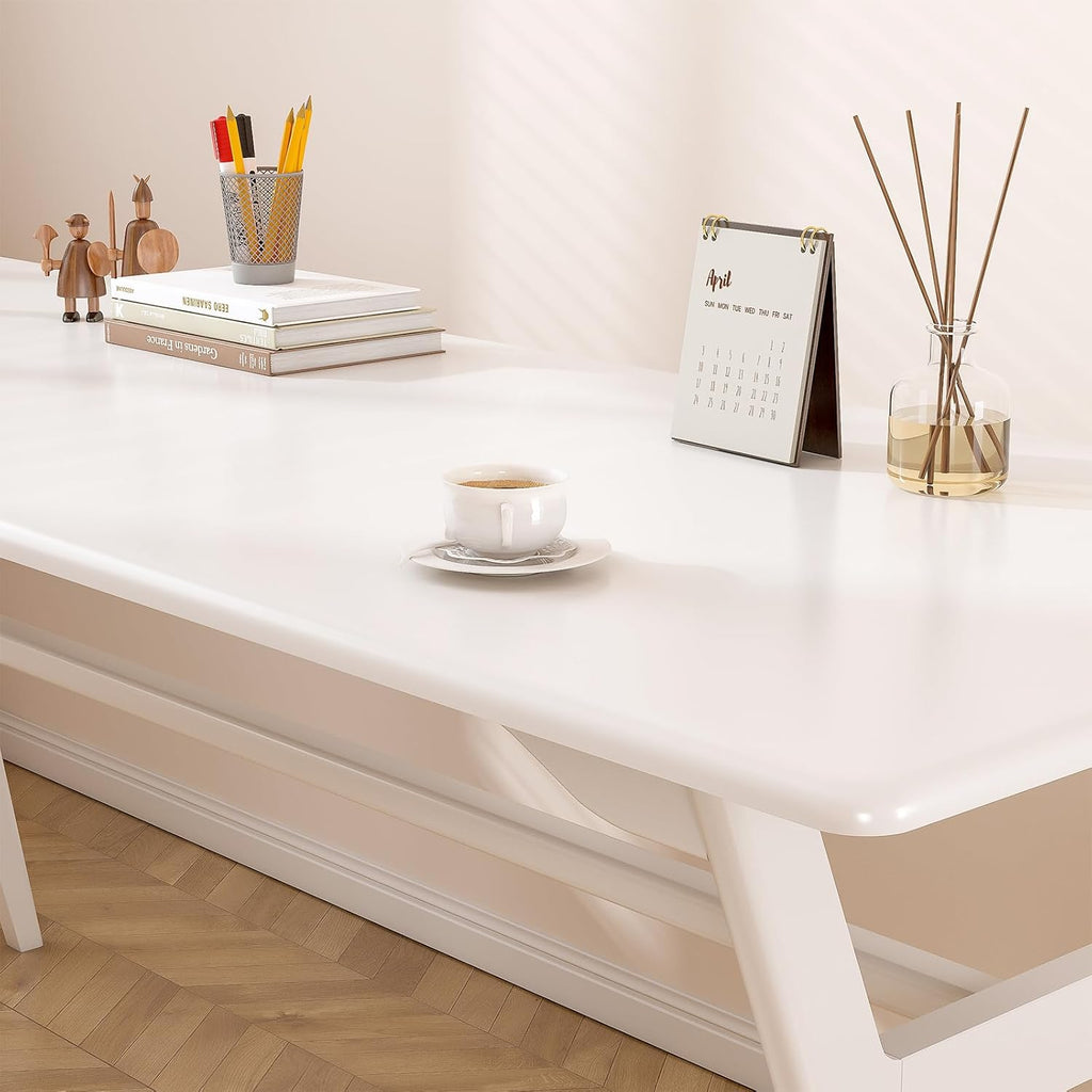 Solid Wood Study Desk - 71" Double Long Computer Table for Home Office, 2-Person PC Workstation, White