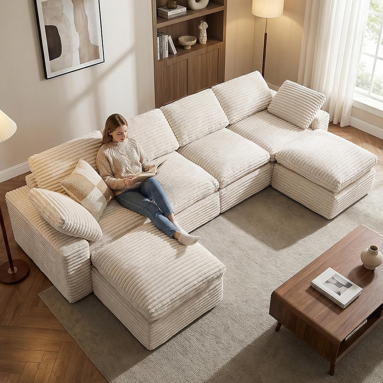KKL 150" U Shaped Sectional Modular Boneless Sofa, 6 Seater Cloud Couch with Ottoman, Corduroy Sectional Couches for Living Room Bedroom, Beige