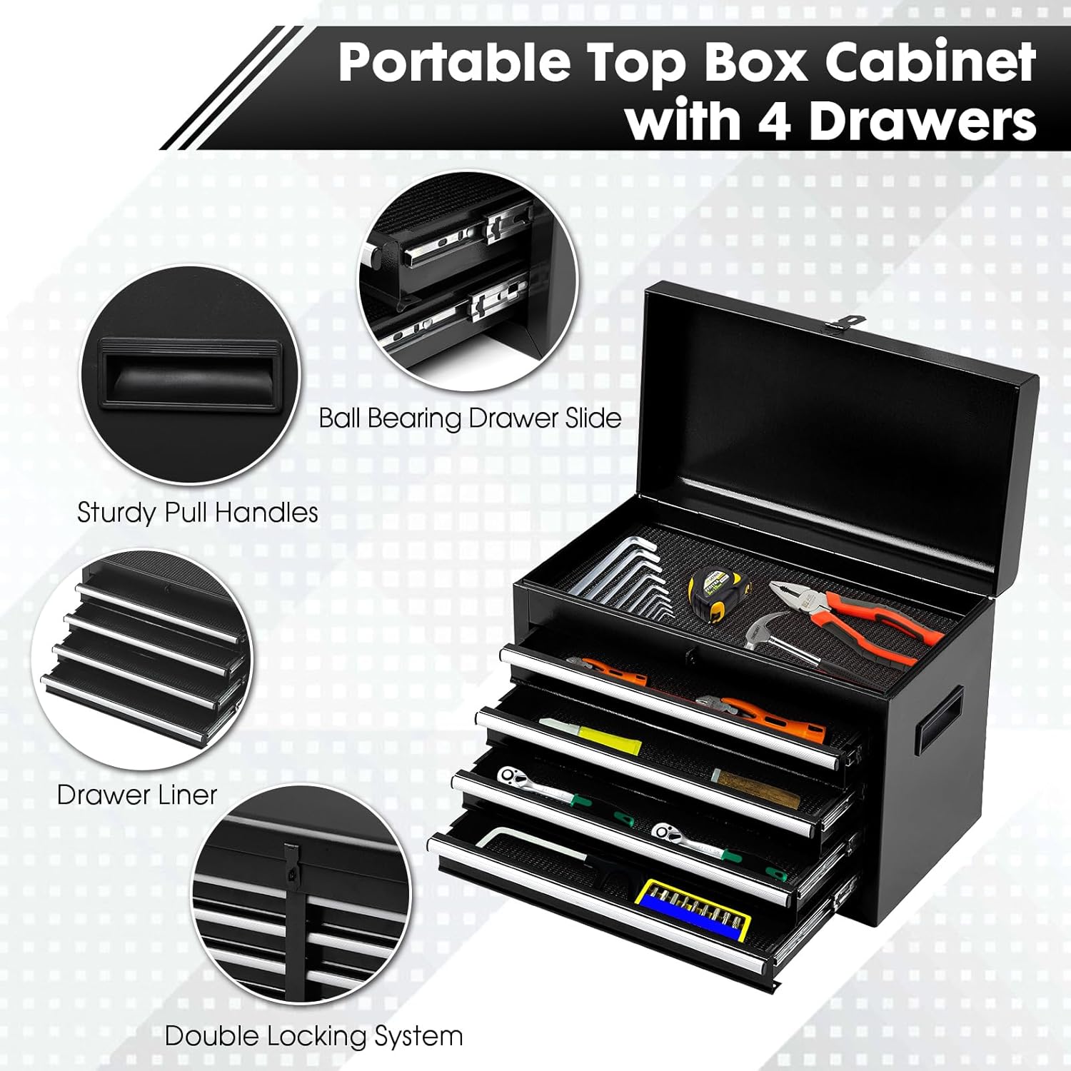 Dawmilon 5-Drawer Rolling Tool Chest with Wheels - High Capacity Tool Cabinet with Detachable Top Toolbox for Garage and Workshop Organization - Metal Tool Cart with Liner & 4 Hooks, Black