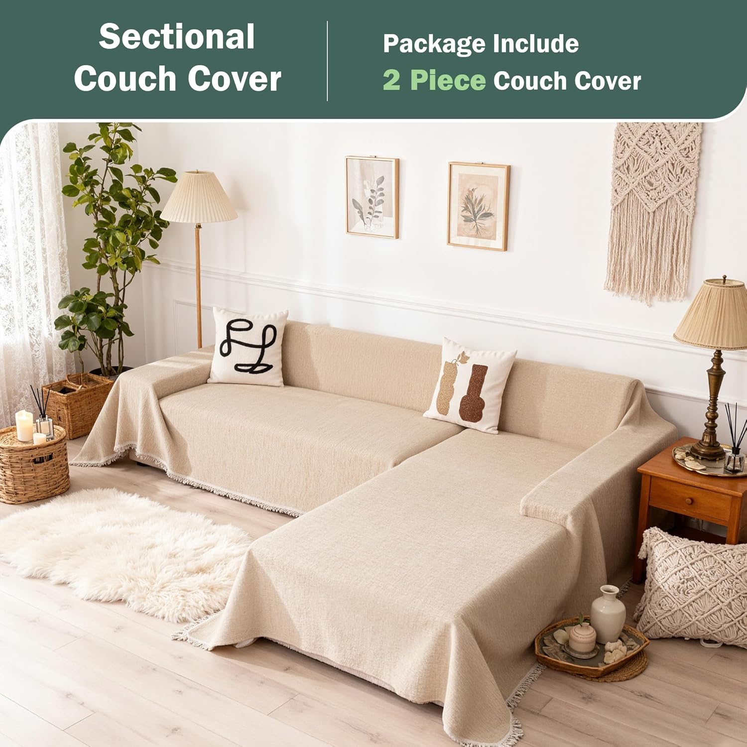 MEETSKY Sectional Couch Covers L Shape, 2 Pieces Chenille Washable Sofa Covers, Furniture Protector for Pets, Kids, Sofa Slipcover for 3-4 Cushion Couch (XX-Large, 71"x118"+91"x134", Khaki)