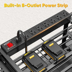 POKIPO 49.5" W Large Power Tool Organizer Wall Mount with Charging Station, 4 Tier Heavy Duty 12 Cordless Drills Holder Load 800 lb, Tool Battery Storage Rack Built in 8 Outlet Power Strip for Garage