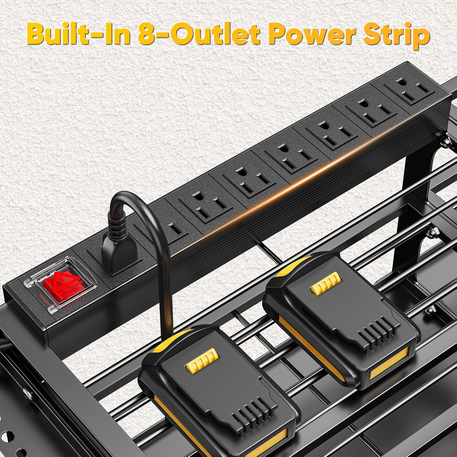 POKIPO 49.5" W Large Power Tool Organizer Wall Mount with Charging Station, 4 Tier Heavy Duty 12 Cordless Drills Holder Load 800 lb, Tool Battery Storage Rack Built in 8 Outlet Power Strip for Garage