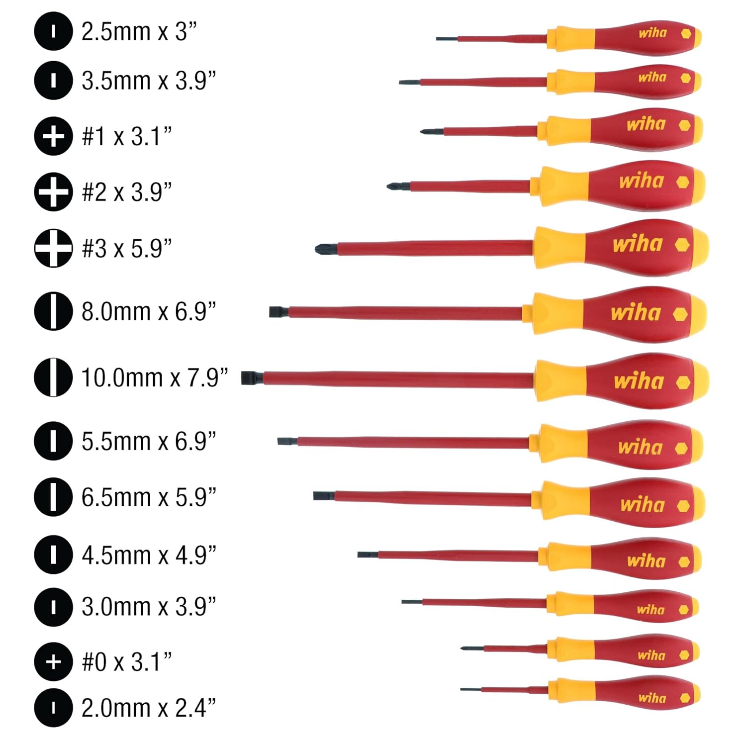Wiha 32094 Slotted & Phillips Insulated Screwdriver Set, 13 Piece, 1000V VDE, SoftFinish Handle, Black Oxide