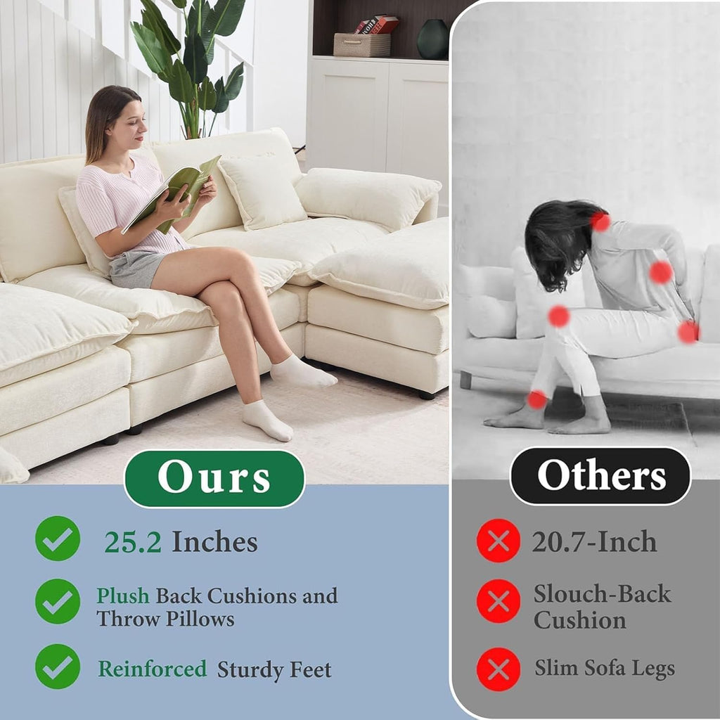 GNIXUU 76.7" Beige L Shaped Comfy Chenille Modular Cloud Sofa, Modern 2 Seater Couch with Movable Ottoman, Deep Seat Sofa with 4 Pillows for Living Room Apartment Small Places