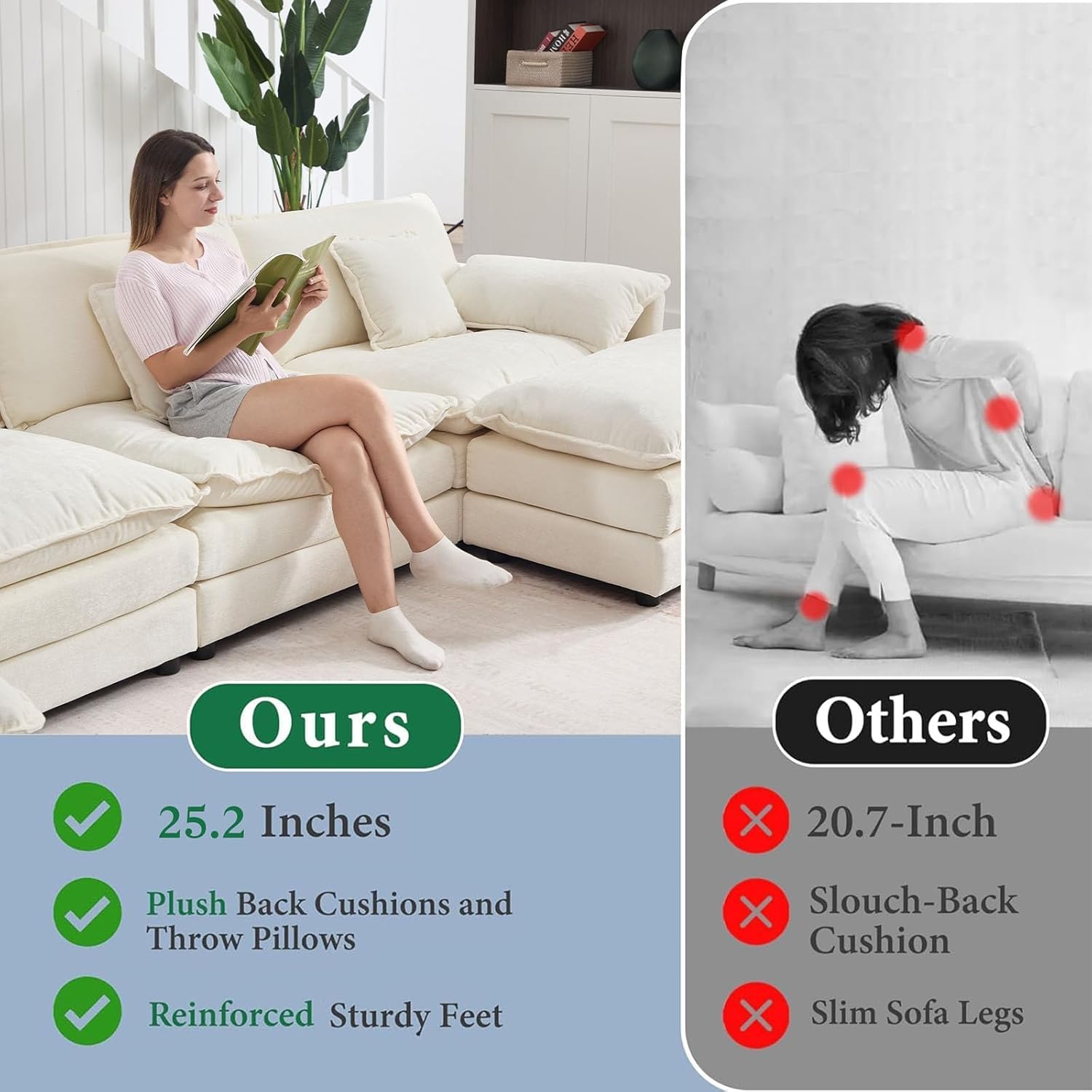 GNIXUU 76.7" Beige L Shaped Comfy Chenille Modular Cloud Sofa, Modern 2 Seater Couch with Movable Ottoman, Deep Seat Sofa with 4 Pillows for Living Room Apartment Small Places