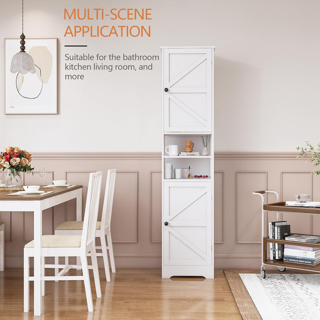 Viaozutis Tall Bathroom Storage Cabinet, Vertical Freestanding Organizer with Adjustable Shelf, Slim Design for Small Bathrooms, Towels & Toiletries Storage（White）
