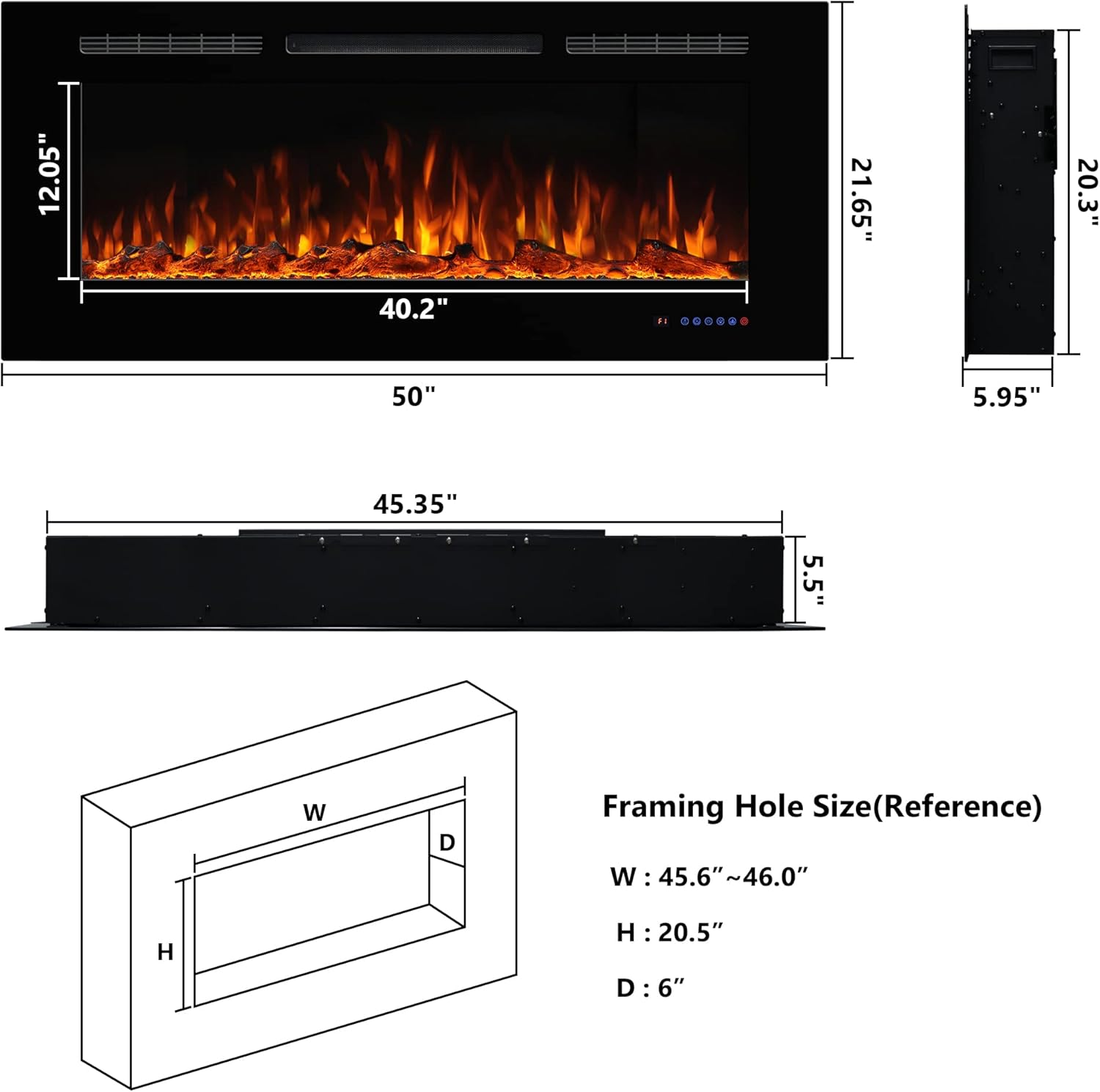 Electric Fireplace 50inches, Wall-Mounted & Recessed Fireplace Inserts, Multicolor Flame w/5 Dimmer, Remote Control Thermostat, Timer, Overheating Protection, Hardwire Connect, 1500W,Black