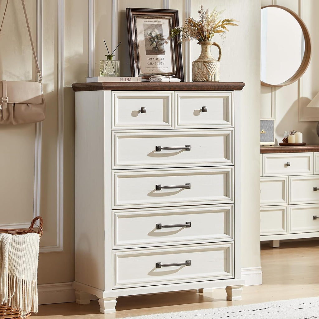 Farmhouse Bedroom Dresser and Nightstand Set of 4, 6 Drawer Tall & 5 Drawers Dresser & 2 Drawer Nightstand Set, Rustic Wood Furniture Set for Bedroom, Hallway, White