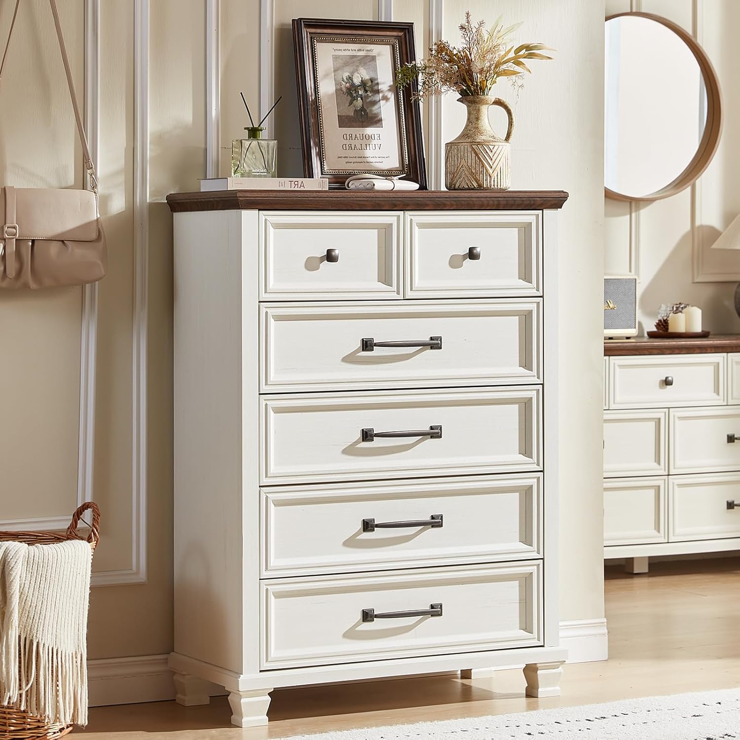 Farmhouse Bedroom Dresser and Nightstand Set of 4, 6 Drawer Tall & 5 Drawers Dresser & 2 Drawer Nightstand Set, Rustic Wood Furniture Set for Bedroom, Hallway, White